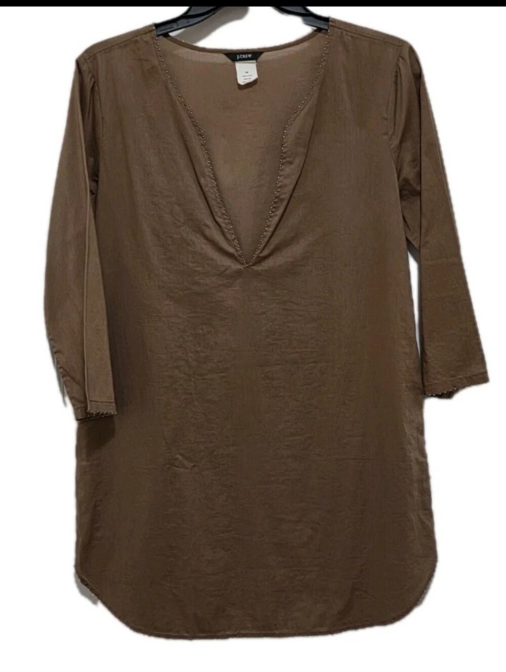 J. Crew Women's XS Brown Woven Cotton Tunic 3/4 Sleeve V-neck Beaded Trim (Flaw)
